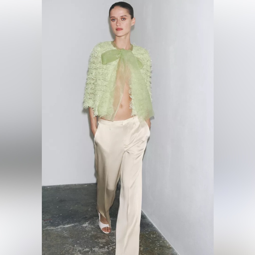NWT Zara Fringe Organza Cardigan in Sage Green Size S